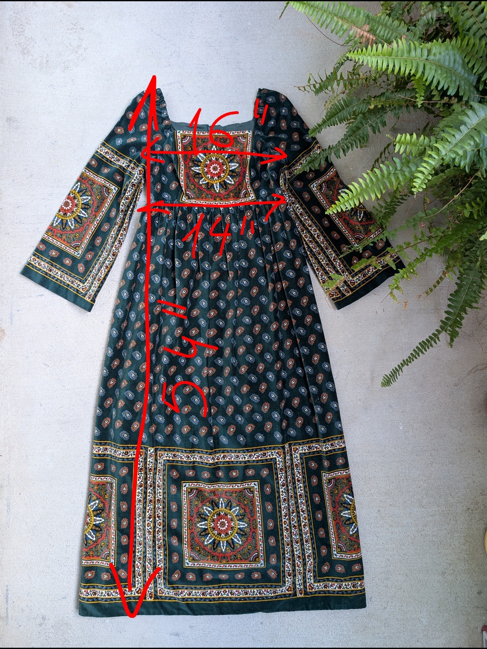 Bohemian Hippie Vintage 70s Calderon Velour Velvet Green Printed Maxi Dress - Picture 2 of 8